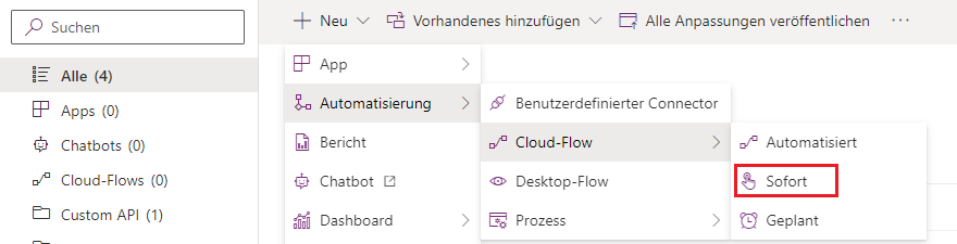 Screenshot mit der Schaltfläche zum Erstellen eines sofortigen Cloud-Flows