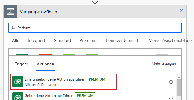 Screenshot mit Auswahl der Aktion „Eine ungebundene Aktion ausführen“