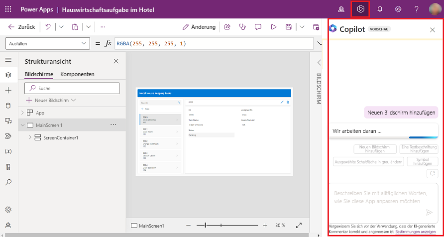 Screenshot des Copilot-Bereichs