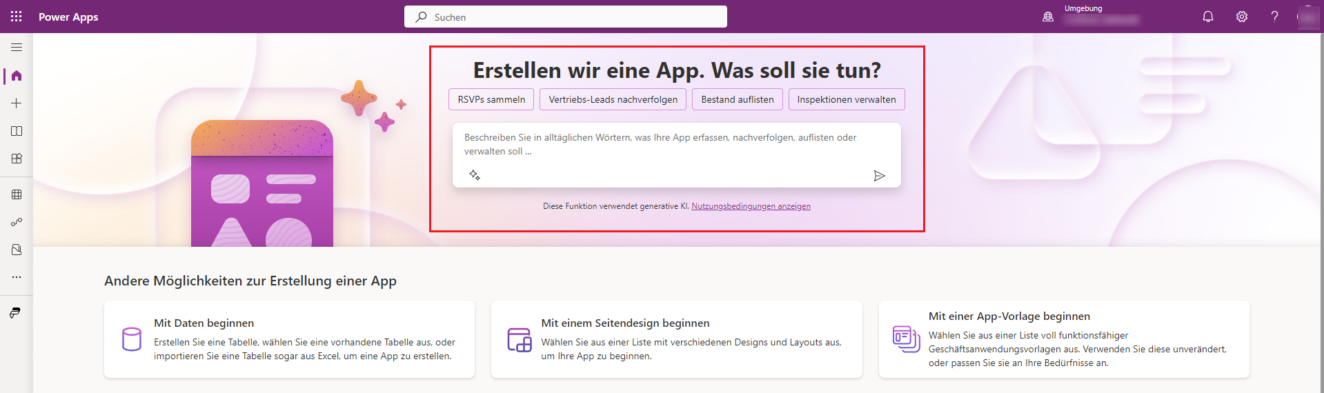 Screenshot des KI-Assistenten auf dem Power Apps-Startbildschirm