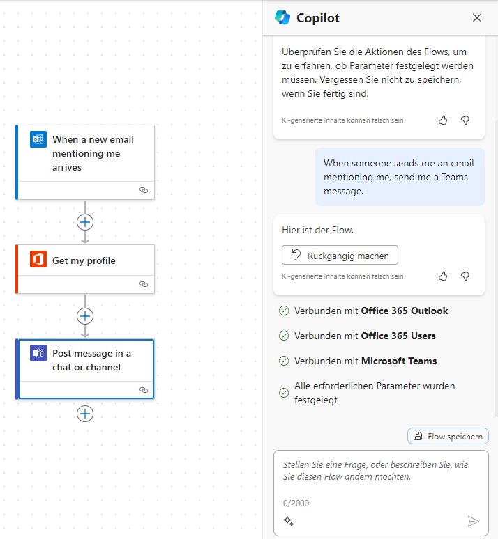 Screenshot eines Copilot-Chats zur Unterstützung beim Aufbau eines Flows