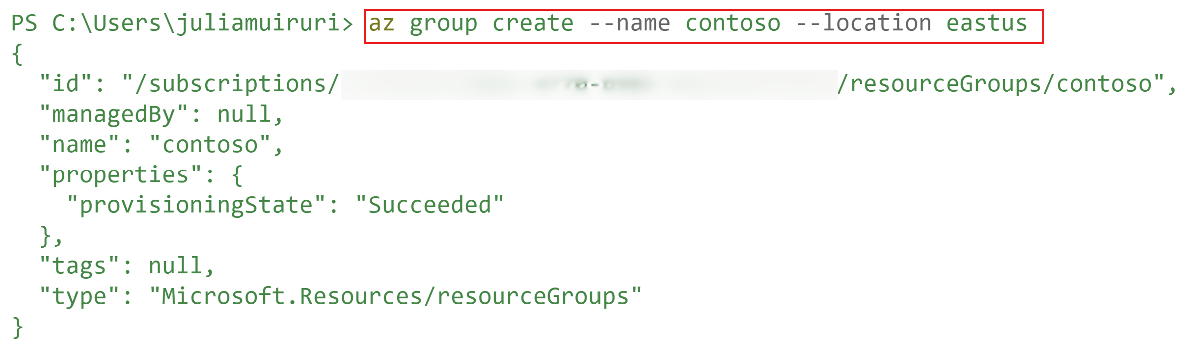 Screenshot des erfolgreichen Befehls „az group create CLI“