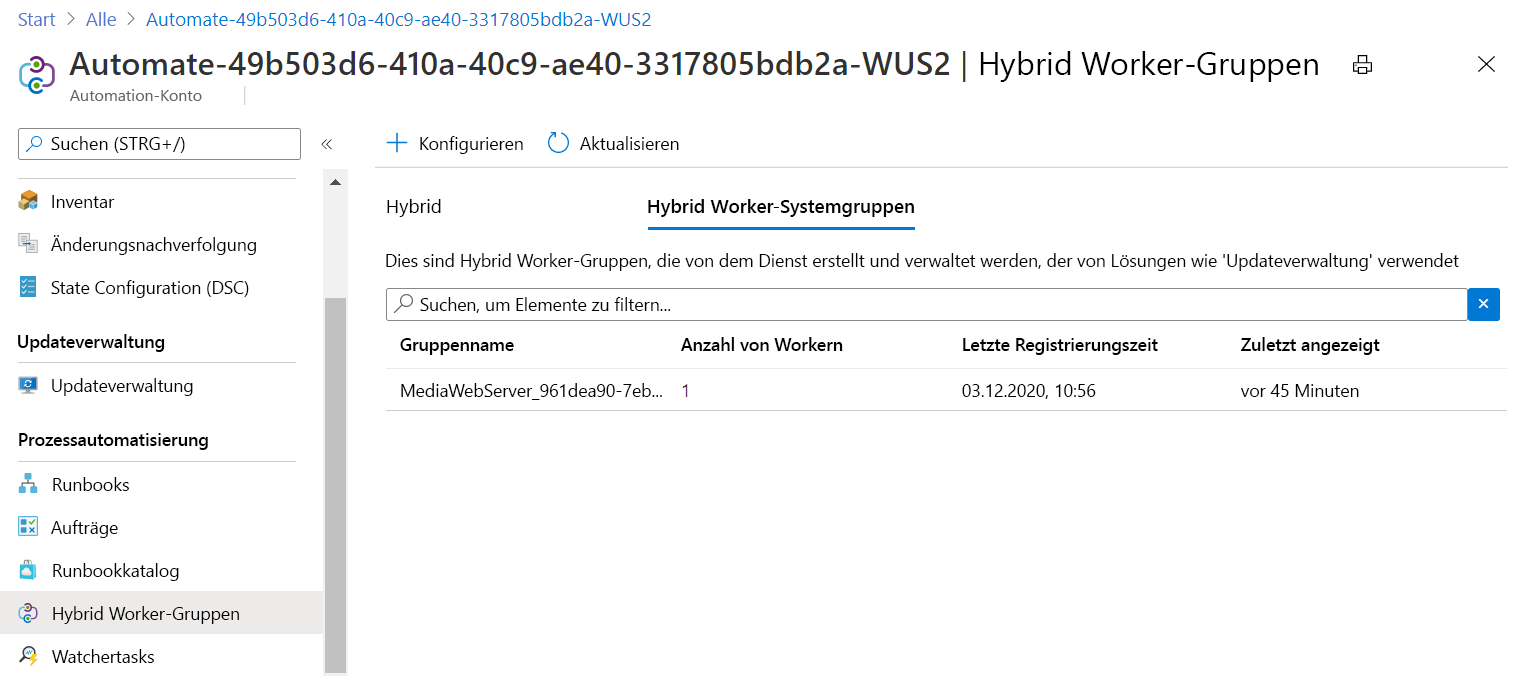 Screenshot, der die VM als Hybrid Worker-Systemgruppe für das Automation-Konto anzeigt