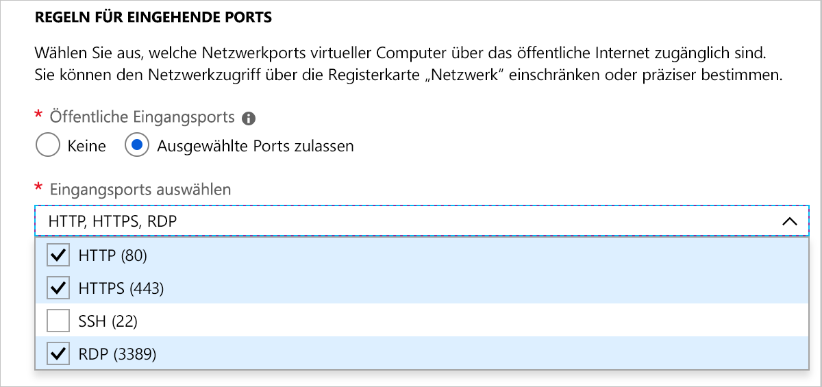 Screenshot des Abschnitts „Eingehende Portregeln“ mit der Auswahl HTTP, HTTPS und RDP