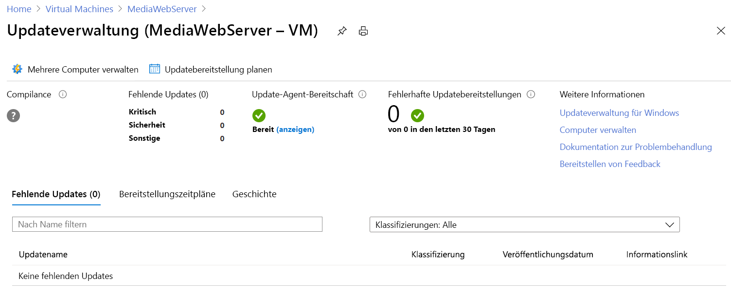 Screenshot der Seite „Update Verwaltung“, auf der der Status von Updates für den virtuellen Computer angezeigt wird