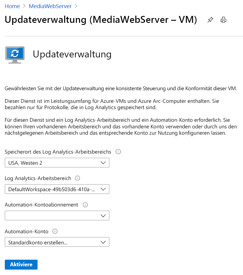 Screenshot der Seite „Updateverwaltung“ mit dem Log Analytics-Speicherort und -Arbeitsbereich, des Automation-Konto-Abonnements und des Automation-Konto-Felds