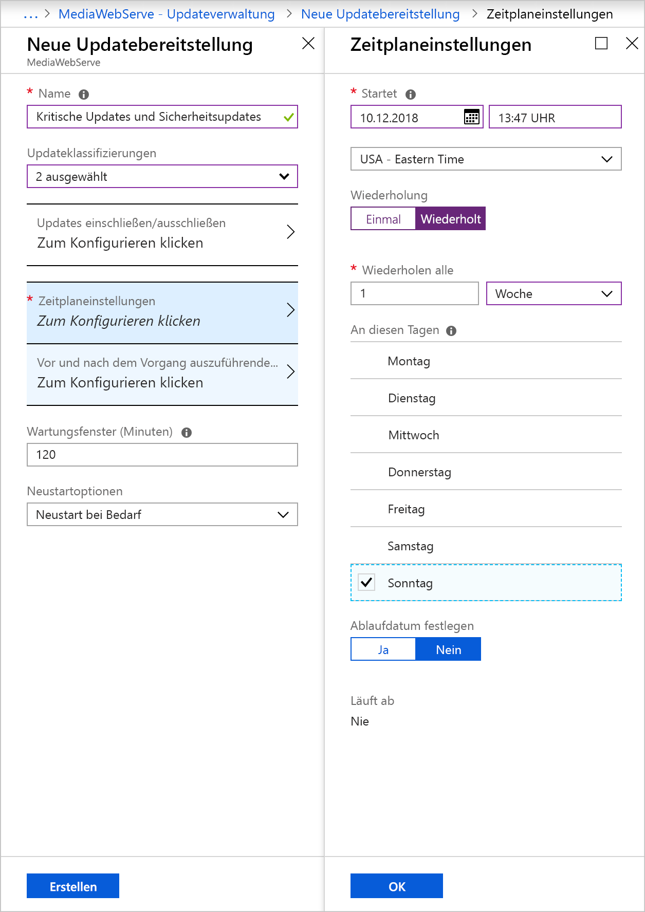 Screenshot der Seiten „Neue Updatebereitstellung“ und „Updatebereitstellung planen“ mit den wie in der Tabelle beschrieben ausgefüllten Feldern