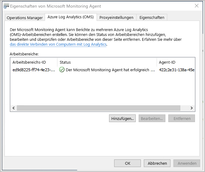 Screenshot mit der Registerkarte „Azure Log Analytics (OMS)“ mit der Statusmeldung