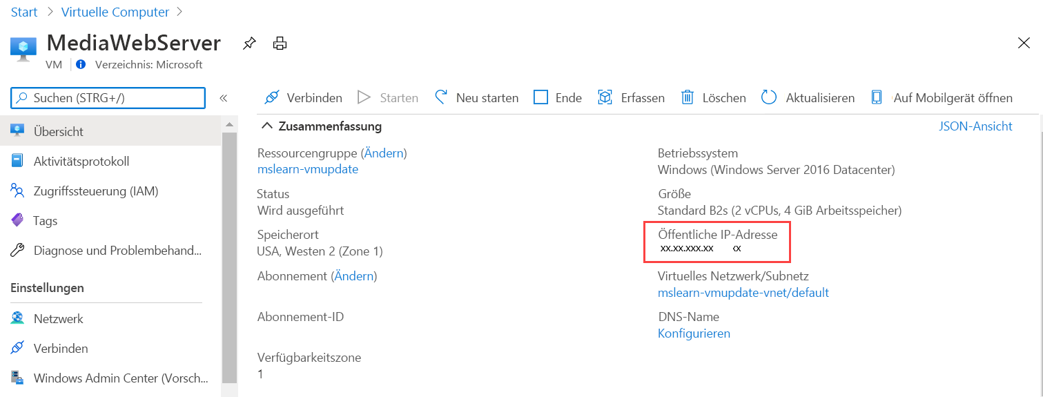 Screenshot mit hervorgehobener öffentlicher IP-Adresse auf der Übersichtsseite der VM.