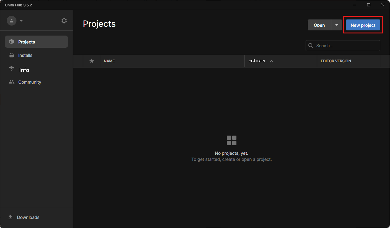 Screenshot: Die Registerkarte „Projekte“ von Unity Hub, auf der die Schaltfläche „Neues Projekt“ hervorgehoben ist