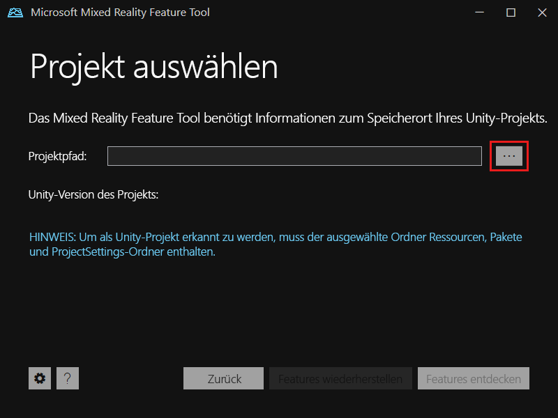 Screenshot des Bildschirms „Projekt auswählen“.