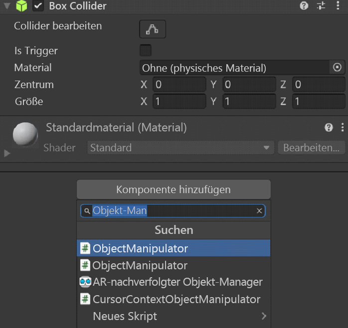 Screenshot: Hinzufügen des Skripts „Object manipulator“ (Objektmanipulator)