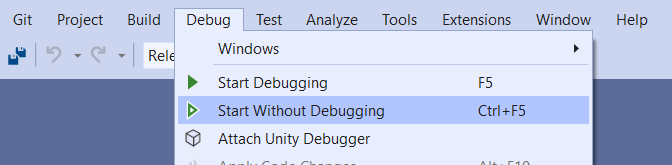 Screenshot: Visual Studio mit dem Menüelement „Starten ohne Debuggen“