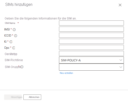 Screenshot: Dialogfeld „SIMs hinzufügen“ mit den Feldern für SIM-Werte.