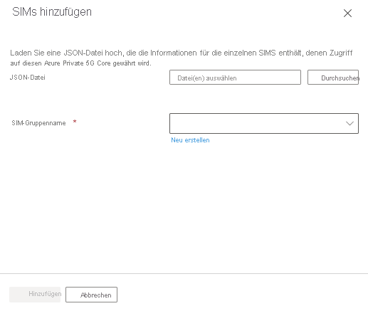 Screenshot: Dialogfeld „SIMs hinzufügen“ mit den Feldern für die Verwendung einer JSON-Datei.