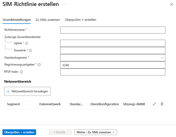 Screenshot: Beispielbildschirm für die Erstellung von SIM-Richtlinien