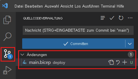 Screenshot von Visual Studio Code mit angezeigter „Quellcodeverwaltung“, mit einer Änderung auf dem Symbolbadge und der als geändert aufgeführten Datei „main.bicep“.