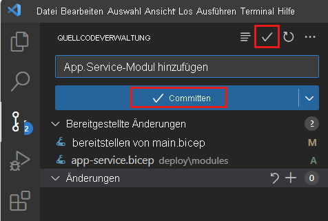 Screenshot von Visual Studio Code mit angezeigter Quellcodeverwaltung und hervorgehobenem Symbol „Commit“.