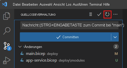 Screenshot von Visual Studio Code mit angezeigter Quellcodeverwaltung und hervorgehobenem Symbolleistensymbol „Aktualisieren“.