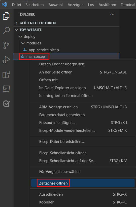 Screenshot von Visual Studio Code, der den Explorer-Bereich mit für die Datei „main.bicep“angezeigtem Kontextmenü und hervorgehobenem Menüelement „Zeitachse“ zeigt.