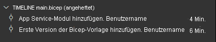 Screenshot von Visual Studio Code, der die Zeitachse für die Datei „main.bicep“ mit zwei aufgeführten Commits zeigt.