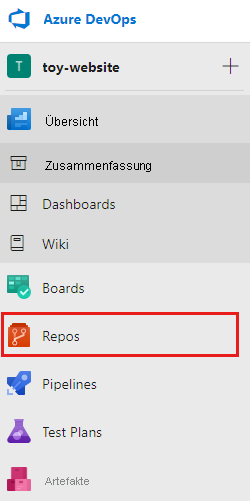 Screenshot der Azure DevOps-Oberfläche, der das Menü auf der Projektseite mit hervorgehobenem Element „Repos“ zeigt.