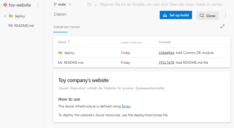 Screenshot der Azure DevOps-Oberfläche, der das Repository einschließlich Ordner- und Dateistruktur zeigt.