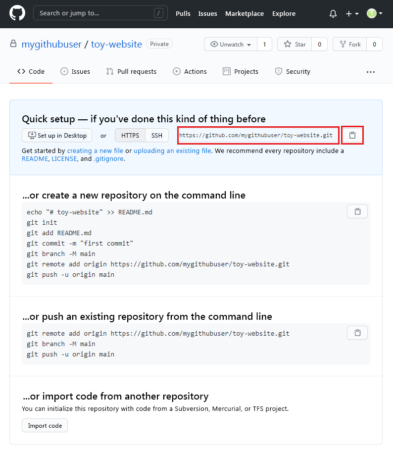 Screenshot der GitHub-Oberfläche, der die Details des neuen Repositorys mit hervorgehobener URL des Repositorys zeigt.