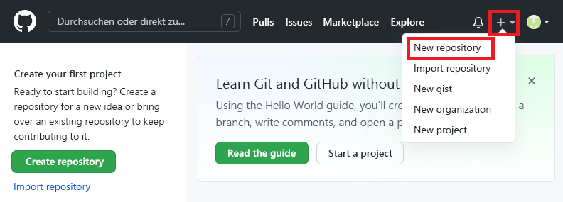 Screenshot der GitHub-Schnittstelle, die das Menü zum Erstellen eines neuen Repositorys zeigt.