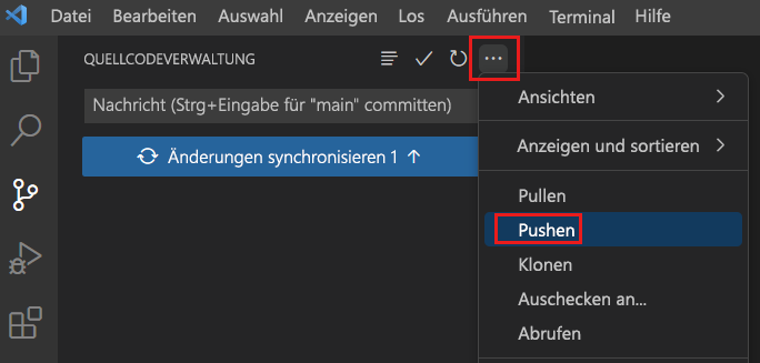 Screenshot von Visual Studio Code mit dem Menü „Quellcodeverwaltung“ mit hervorgehobenem Menüelement „Push“.