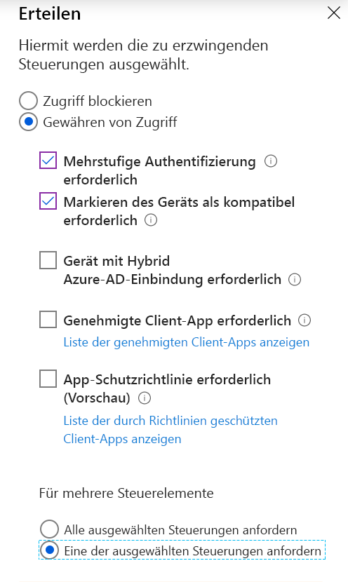 Screenshot: Genehmigungseinstellungen für die Zugriffssteuerung mit den folgenden ausgewählten Optionen: „Multi-Faktor-Authentifizierung erfordern“, „Markieren des Geräts als kompatibel erforderlich“ und „Eine der ausgewählten Steuerungen anfordern“