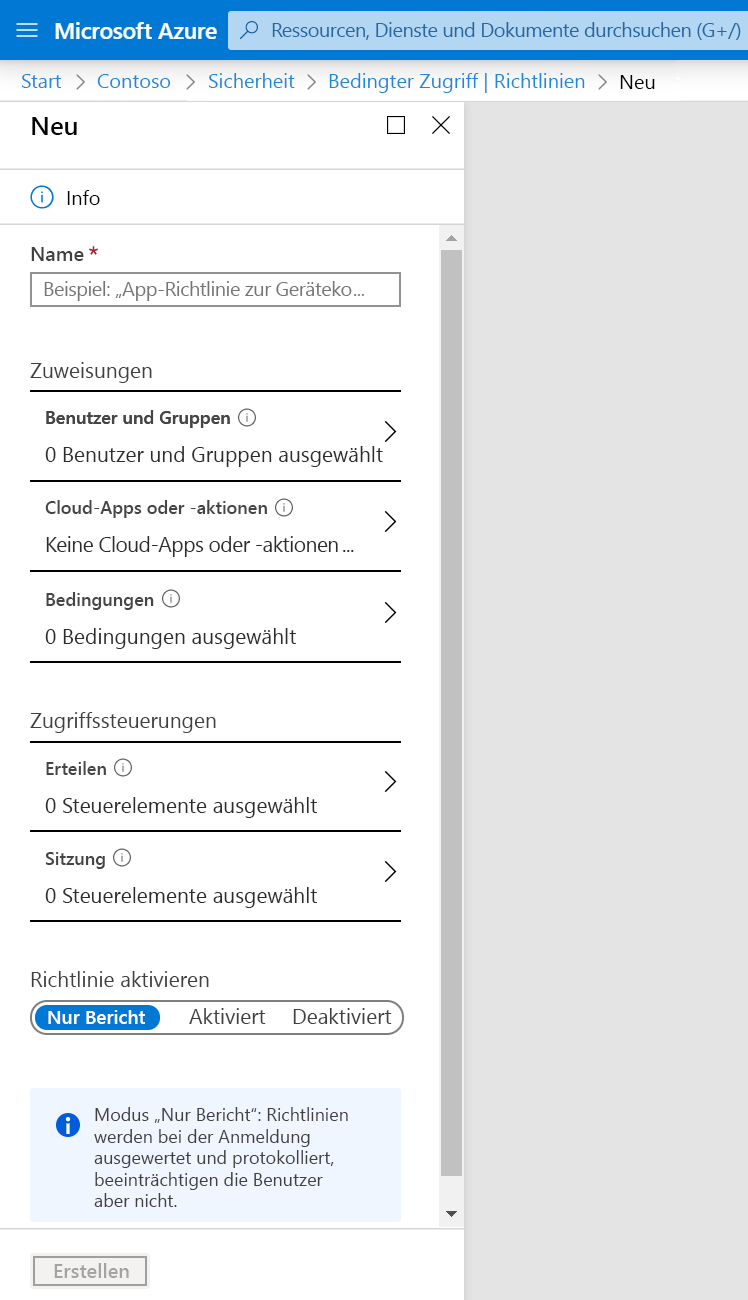 Screenshot: Neue Richtlinie für bedingten Zugriff ohne festgelegte Zuweisungen oder Zugriffssteuerungen