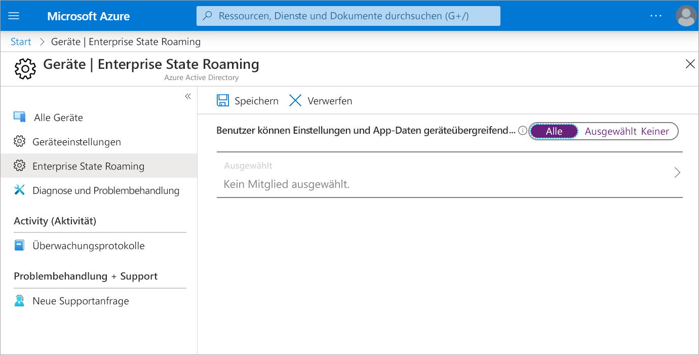 Screenshot: Enterprise State Roaming-Optionen im Azure-Portal