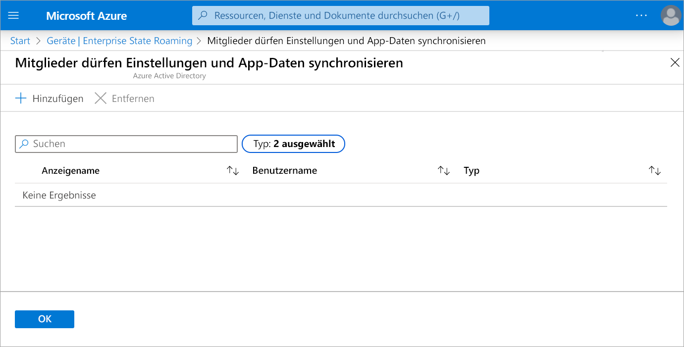 Screenshot: Hinzufügen von Mitgliedern, denen das Synchronisieren von Einstellungen und Anwendungsdaten erlaubt werden soll