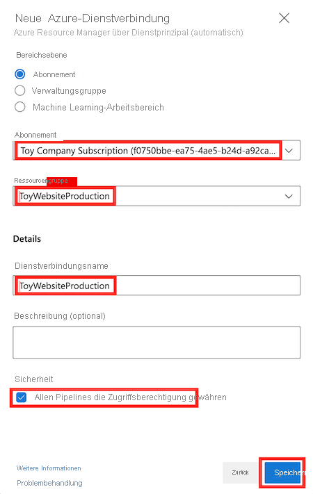 Screenshot of Azure DevOps that shows the New Azure service connection pane for the production environment, with the details completed and the Save button highlighted.