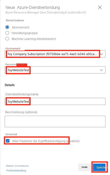 Screenshot of Azure DevOps that shows the New Azure service connection pane for the test environment, with the details completed and the Save button highlighted.