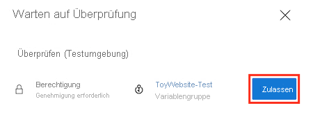 Screenshot of Azure DevOps showing that the pipeline needs permission to use the ToyWebsiteTest variable group. The Permit button is highlighted.