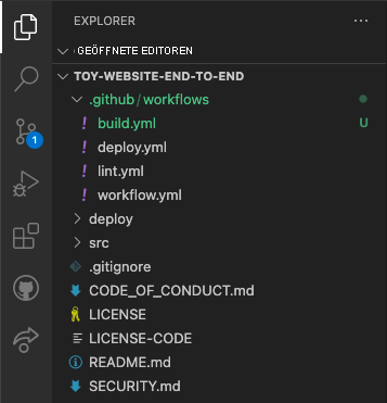 Screenshot: Visual Studio Code-Explorer mit den Ordnern „.github“ und „workflows“ sowie der Datei „build.yml“