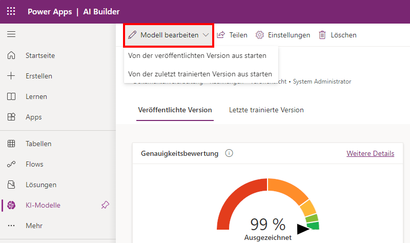 Der Screenshot des Menüs „Modell bearbeiten“ wurde erweitert und zeigt die Optionen „Von der veröffentlichten Version aus starten“ und „Von der zuletzt trainierten Version aus starten“