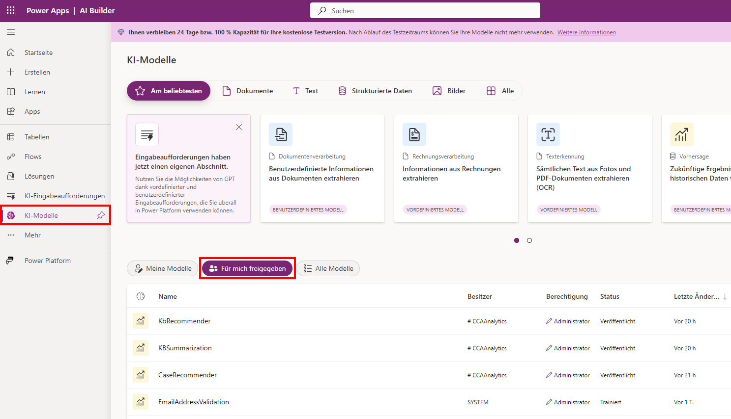 Screenshot von der Seite „KI-Modelle“ mit der hervorgehobenen Registerkarte „Für mich freigegeben“