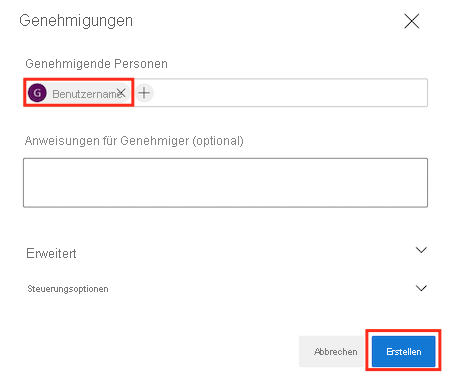 Screenshot: Azure DevOps-Benutzeroberfläche mit der Seite zum Hinzufügen einer Genehmigungsüberprüfung mit ausgefüllten Details und der Schaltfläche „Erstellen“