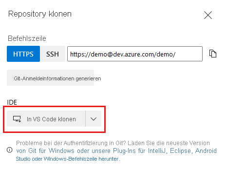 Screenshot: Azure DevOps mit Repositoryeinstellungen und der Schaltfläche zum Klonen in Visual Studio Code