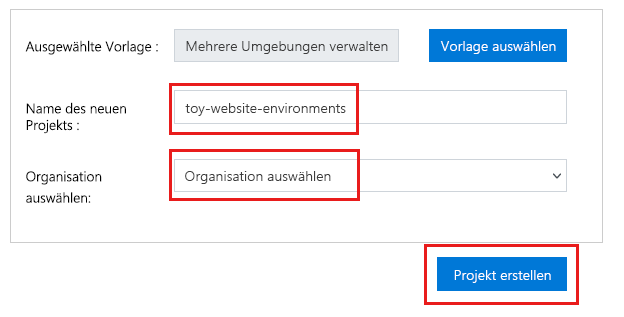 Screenshot: Erstellen eines Projekts über den Azure DevOps-Demo-Generator