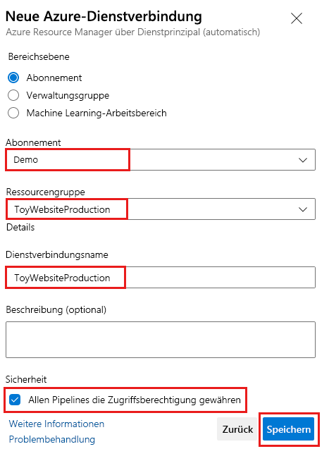 Screenshot: Azure DevOps mit der Seite zum Erstellen einer Dienstverbindung für die Produktionsumgebung mit ausgefüllten Details