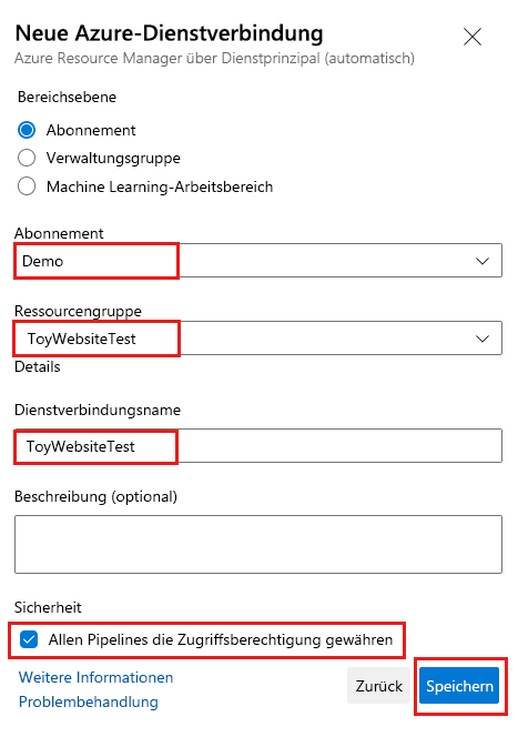 Screenshot: Azure DevOps mit vollständigen Details zum Erstellen einer Dienstverbindung für die Testumgebung