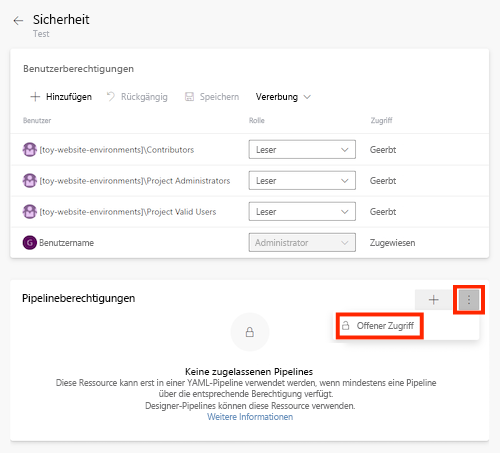 Screenshot: Azure DevOps-Seite für eine Umgebung mit dem Namen „Test“, in der das Menü „Weitere Aktionen“ und das Element „Offener Zugriff“ hervorgehoben sind