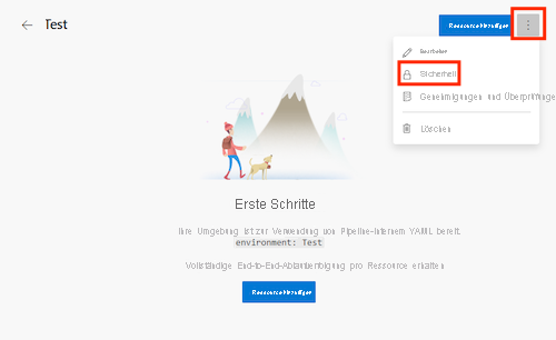 Screenshot: Azure DevOps-Seite für eine Umgebung mit dem Namen „Test“, in der das Menü „Weitere Aktionen“ und das Element „Sicherheit“ hervorgehoben sind