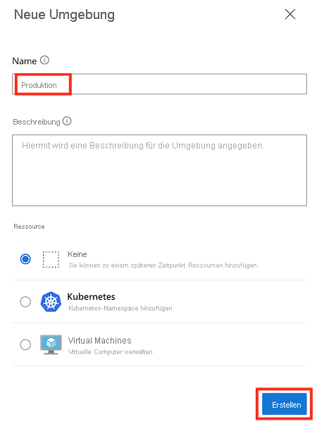 Screenshot: Azure DevOps-Seite für eine neue Umgebung mit dem Namen „Produktion“ mit ausgefüllten Details