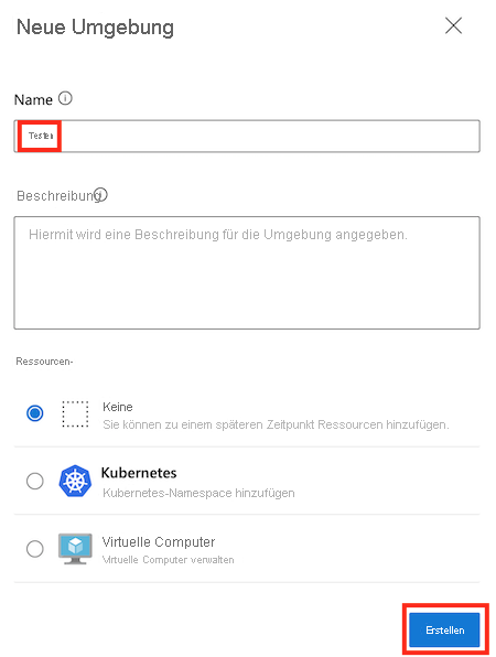 Screenshot: Azure DevOps-Seite für eine neue Umgebung mit dem Namen „Test“ mit ausgefüllten Details und der Schaltfläche „Erstellen“