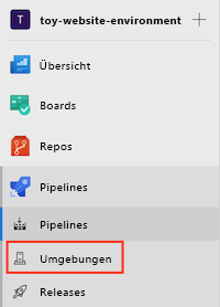 Screenshot: Azure DevOps-Benutzeroberfläche mit dem Menü „Pipelines“ und dem Element „Umgebungen“